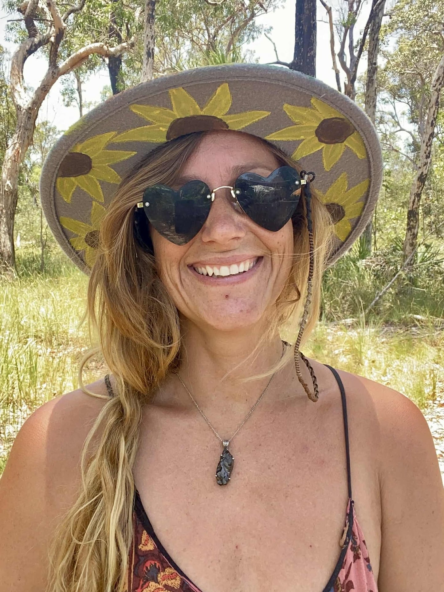 Painted Beige Felt Hat - Sunflowers