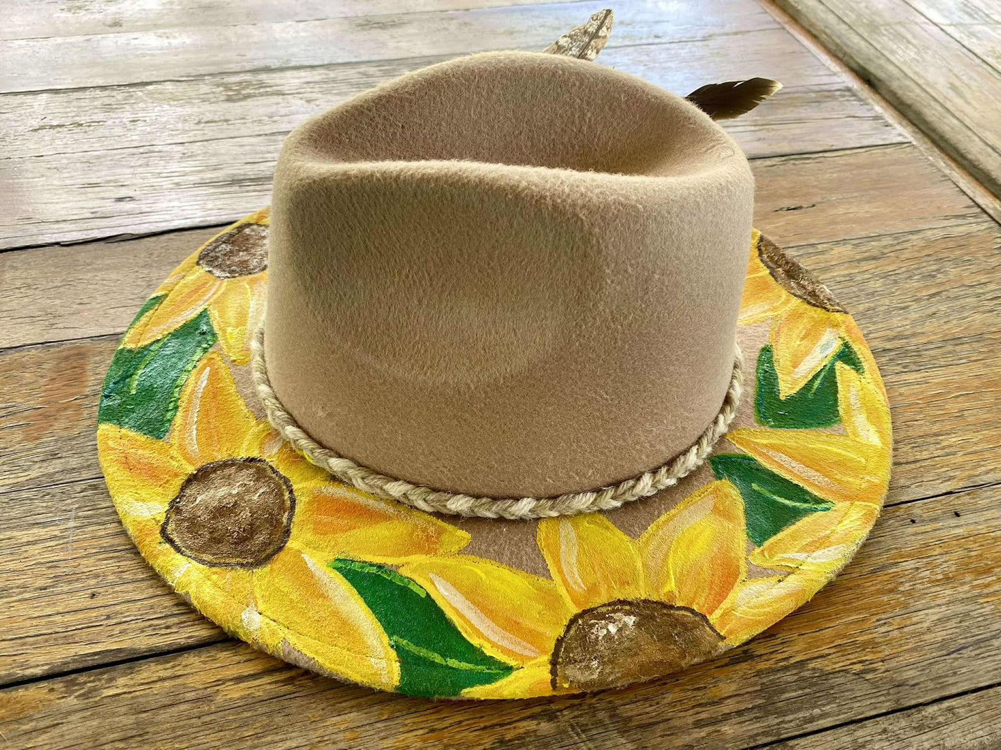 Painted Beige Felt Hat - Sunflowers