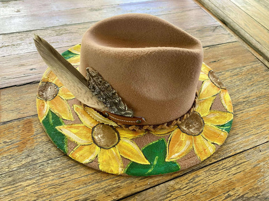 Painted Tan Felt Hat - Sunflowers