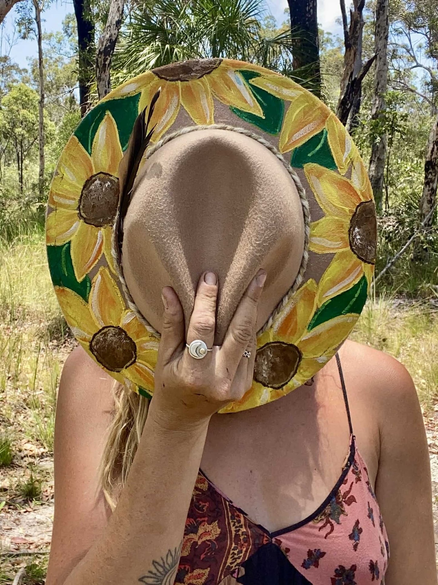 Painted Beige Felt Hat - Sunflowers