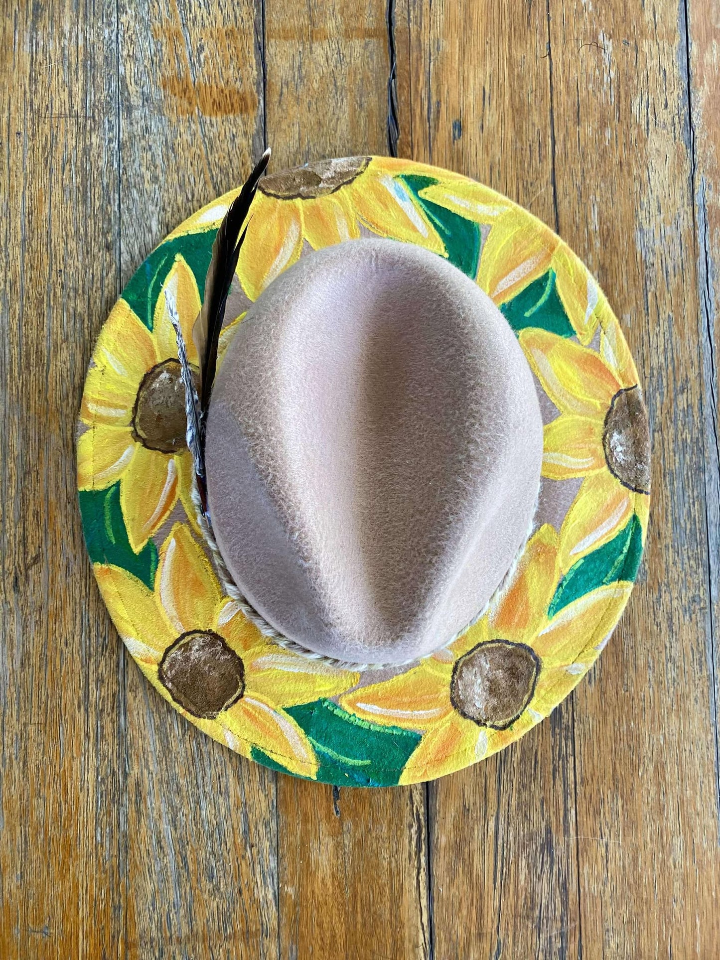 Painted Beige Felt Hat - Sunflowers