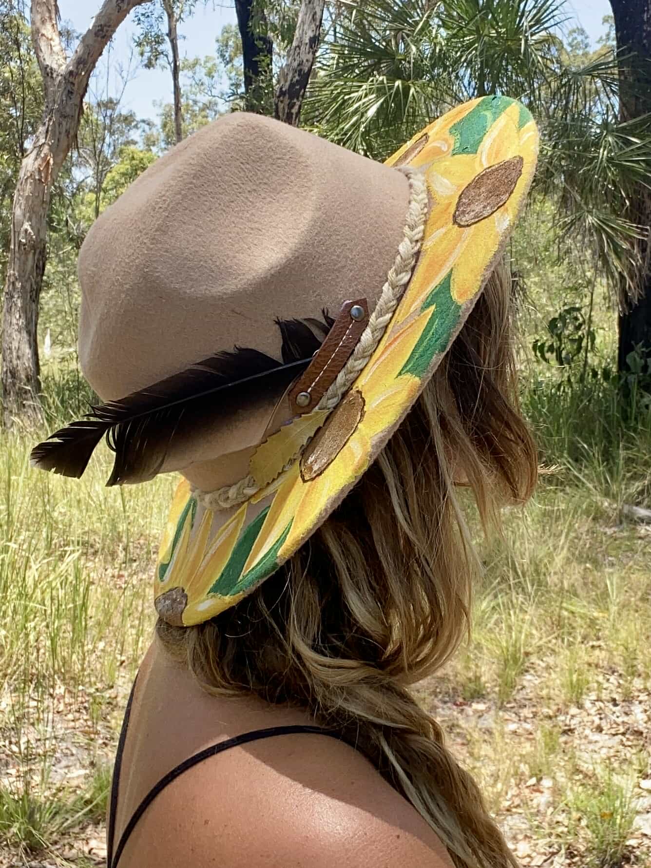 Painted Beige Felt Hat - Sunflowers