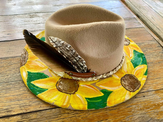 Painted Beige Felt Hat - Sunflowers